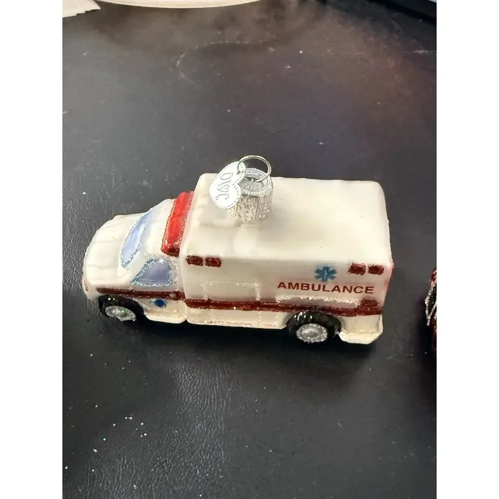 Old World Christmas Glass Ornaments School Bus Fire Truck Ambulance Double Bus